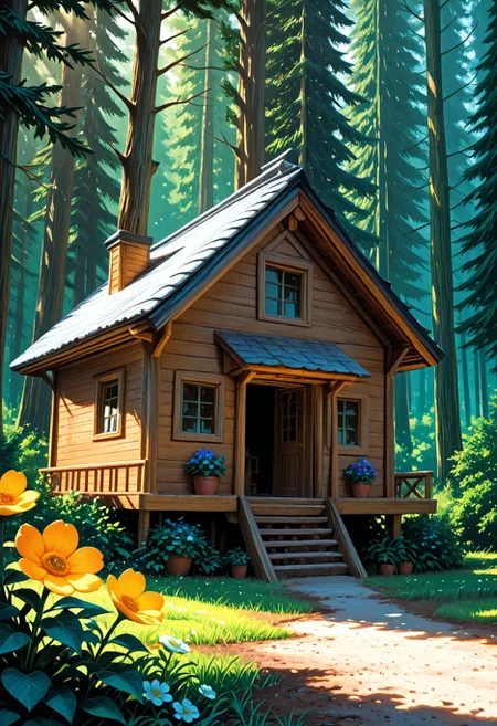 SmoothNoob_Quality, (oil painting \(medium\):1.5), tree, tree house, tiny house, no humans, sunbeam, serene, peacefull, flower, colorful, forest,βββ