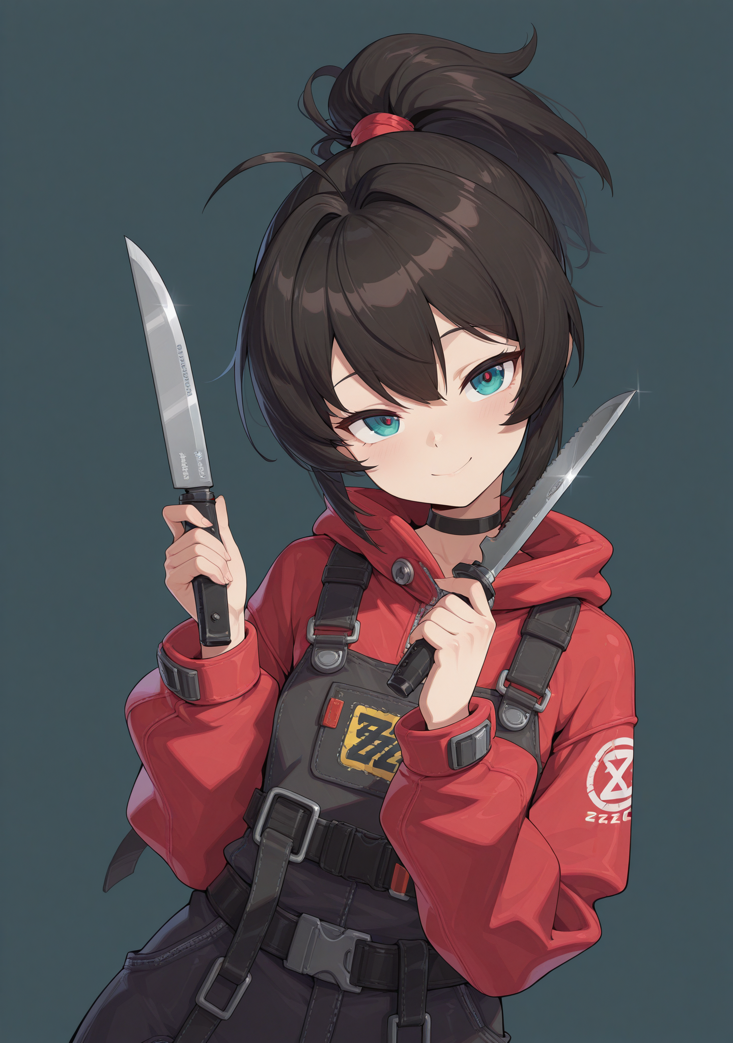masterpiece,best quality,amazing quality,
<lora:zzzcc:1>,zzzcc,simple background,
1girl,looking at viewer,head tilt,dutch angle,smile,holding knife,