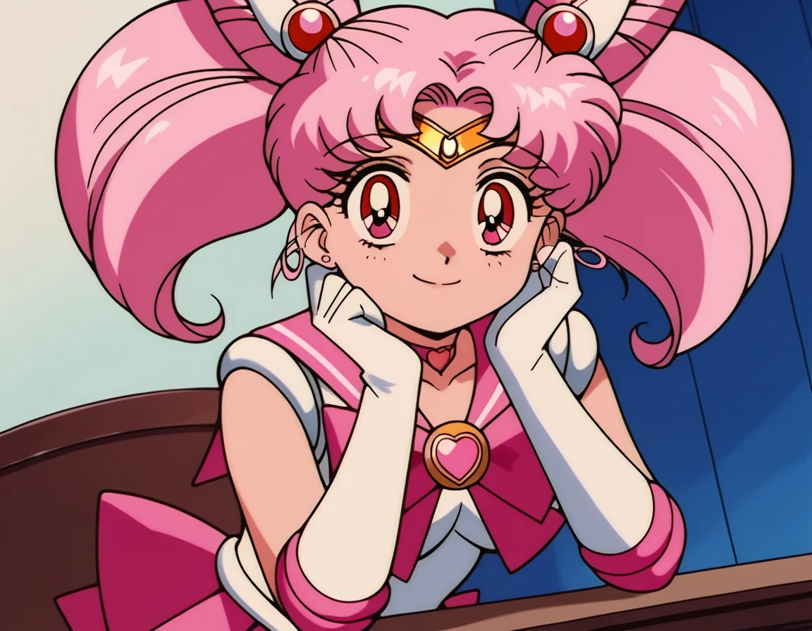 score_9, score_8_up, score_7_up, source_anime, <lora:chibiusa-tsukino-s3-ponyxl-lora-nochekaiser:1>, chibiusa, cone hair bun, double bun, hair bun, hair ornament, pink eyes, pink hair, short hair, twintails, circlet, parted bangs,, bow, brooch, choker, earrings, elbow gloves, gloves, heart, heart brooch, magical girl, pink bow, pink choker, pink sailor collar, pink skirt, pleated skirt, sailor collar, sailor senshi uniform, skirt, stud earrings, white gloves,, indoors, smile, looking at viewer, solo, sitting, head rest, table,, cowboy shot, dutch angle
