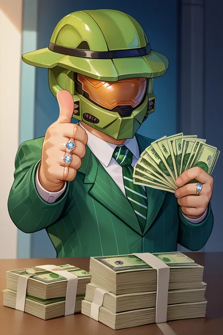 score_9, score_8_up, score_7_up, BREAK,  <lora:gangstersb-guy-PONYv1:1>, gangstersb, thumbs up, money, holding money, portrait, cropped torso,  ring, formal, hat, necktie, suit, green headwear, striped  <lora:masterchief-halo-richy-v1_pdxl:1> masterchief, helmet, visor, 1boy, solo,