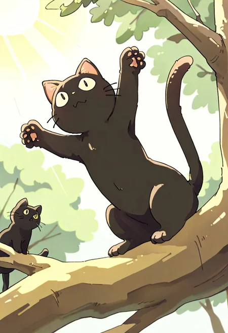 (masterpiece, best quality, high quality, highres), very awa, highres, absurdres,
chii-kun \(seedyoulater\), naguru \(cyoroama\), 
(cat:1.2), black cat, (no humans:1.1), paws, fur, (cute:1.2), comfy, solo, 
scared, stretching, OO,
tree branches, day, sunlight, sun rays, beautiful background,