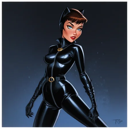 score_9, score_8_up, score_7_up,score_6_up, artist style:Urushihara Satoshi, source_hentai, source_anime, masterpiece, 2D, catwoman, selina_kyle, bruce_timm, pinup_(style), T1mmStyl3, BREAK, selina_kyle,, solo, 1woman, brown hair, blue eyes, catsuit, leather, skintight, black_bodysuit, pinup,