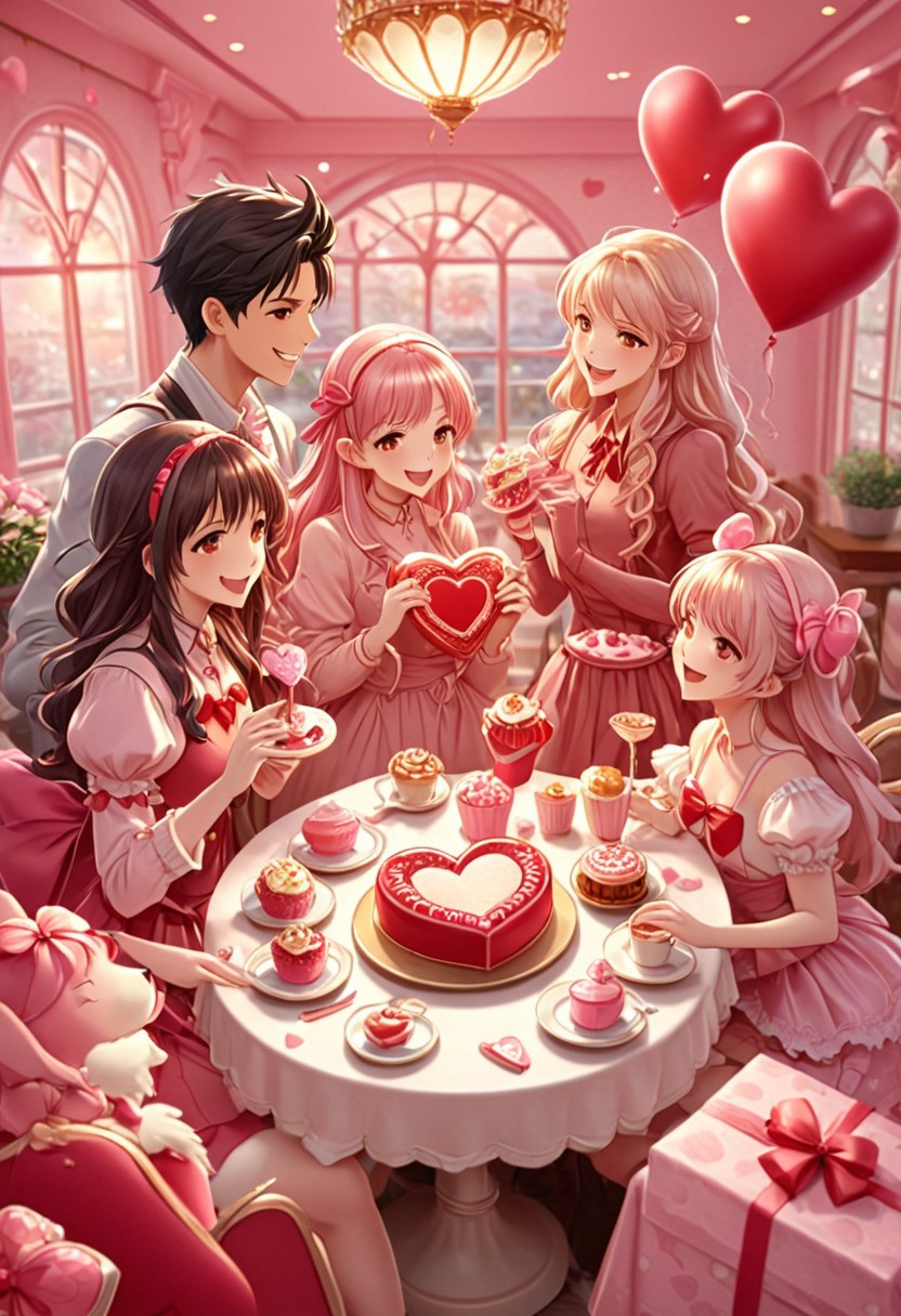 Valentine,
A lively group of anime waifus gathers in a pastel-lit café, exchanging heart-shaped gifts and laughing over decadent desserts. The air sparkles with soft pink and gold hues, capturing the warmth of Galentine’s Day.
