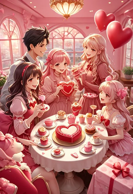 Valentine,
A lively group of anime waifus gathers in a pastel-lit café, exchanging heart-shaped gifts and laughing over decadent desserts. The air sparkles with soft pink and gold hues, capturing the warmth of Galentine’s Day.
