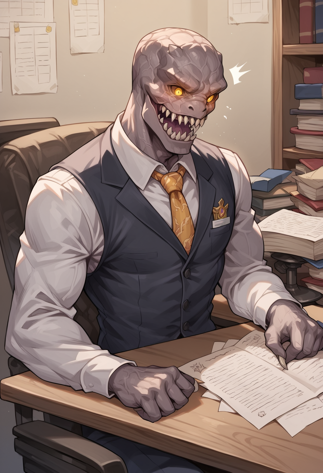 zPDXL3, score_9_up, score_8_up, score_7_up, detailed, masterpiece, source_monster, high quality, best quality, digital media \(artwork\) BREAK regeneratorre4, monster, sharp teeth, gray skin, yellow eyes, glowing eyes, muscular, office, computer, suit, tie, reading paper, shocked expression <lora:detailed_notrigger:1> <lora:Regenerator_ResidentEvil_V1:0.8> <lora:Expressive_H:1>