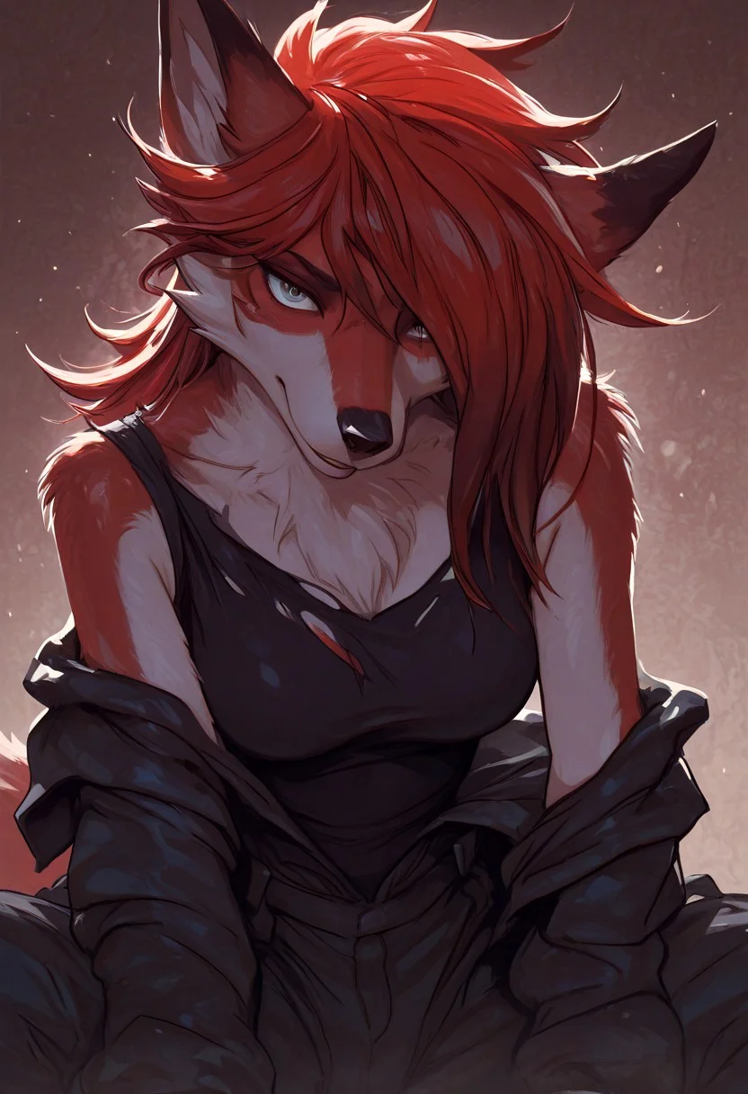 A turquoise-colored furry fox scribe. Ash-colored hair. She is wearing a scientific jumpsuit that is torn in several places. transformation into a fox. a laboratory filled with gas. Silent surprise. Doused with something. The Orphen sirius style. JuliaTDC Style~ArtS.