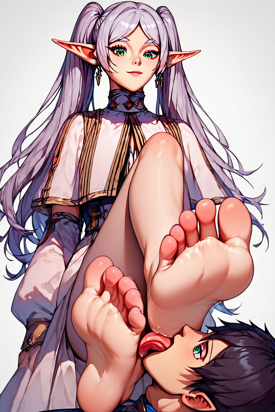 score_9, score_8_up, score_7_up, score_6_up, score_5_up, score_4_up,   <lora:frieren-ponyxl-lora-nochekaiser:0.8> ,frieren, long hair, twintails, green eyes, grey hair, pointy ears, elf, <lora:foot_worship_pony:0.8>, 1girl, 1boy, sitting, feet, barefoot, toenails, legs, licking foot, foot worship, femdom, feet, looking down, masterpiece, highres, highly detailed face, highly detailed shining eyes, symmetrical highly detailed eyes, white background, simple background