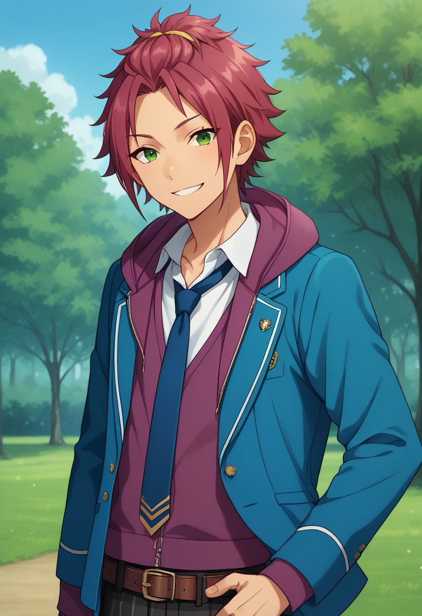 score_9, score_8_up, score_7_up, source_anime, highly detailed, 
maoisara, 1boy, plaid pants, male focus, solo, necktie, school uniform, green eyes, jacket, pants, plaid, blazer, hood, hoodie, purple hair, smile, looking at viewer, belt, blue jacket, purple hoodie, bangs pinned back, upper body
outdoor, sky, tree