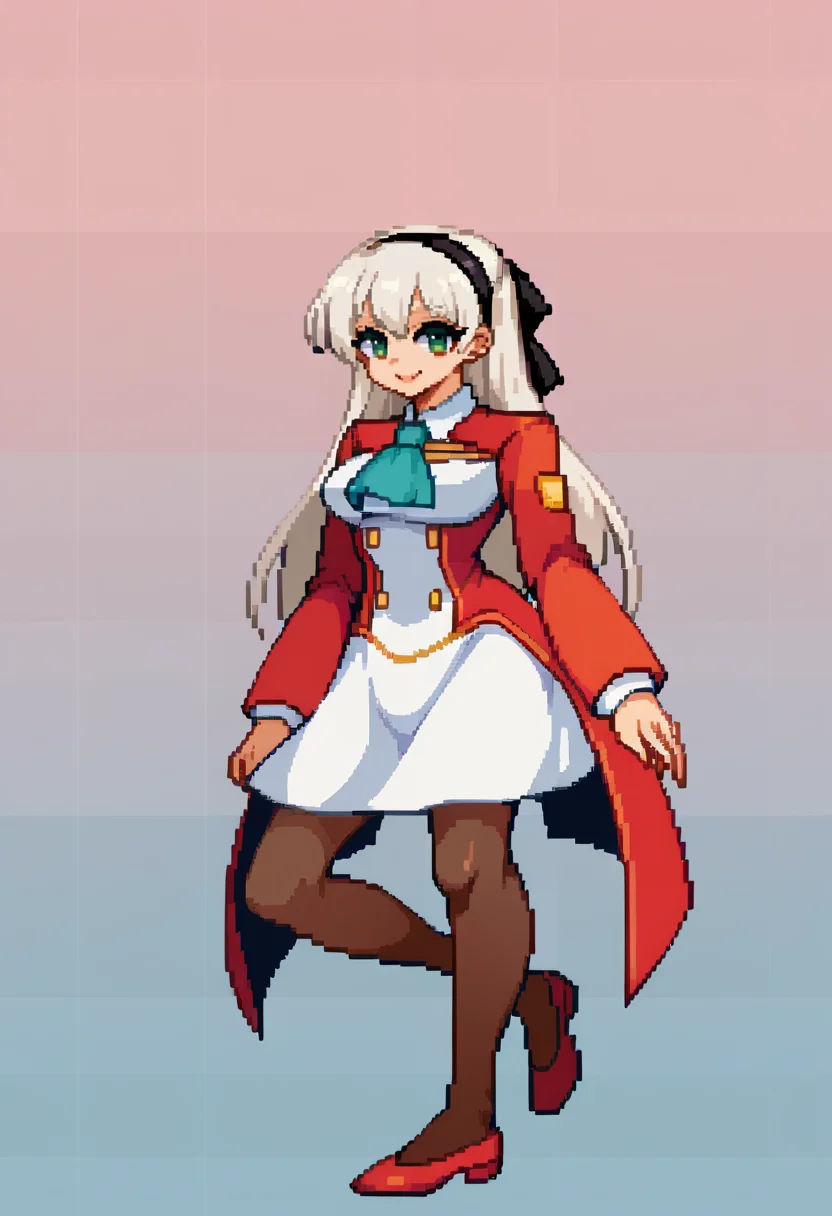 score_9, score_7_up, BREAK, solo, 1girl, smile, looking at viewer, <lora:CPS2-pdxl_Fp:1>, simple background, full body, pixel art, <lora:elie-pdxl-nvwls-v1:0.8>, zeroElie, black hairband, hair ribbon, long hair, ascot, uniform, long red sleeves, white dress, white hair, green eyes, pantyhose,