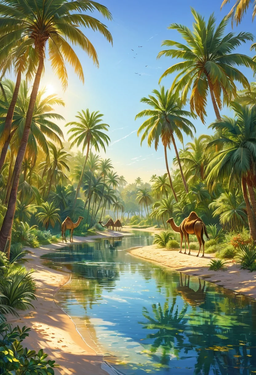 Oasis bathed in golden sunlight, palm trees casting delicate shadows on the tranquil water, camels resting nearby, contrast of the clear blue sky and the lush green foliage, complexity of the ecosystem, sunlight highlights intricate patterns in the palms, vivid colors, high dynamic range capture, aperture F2.5, ultra fine details, digital painting.