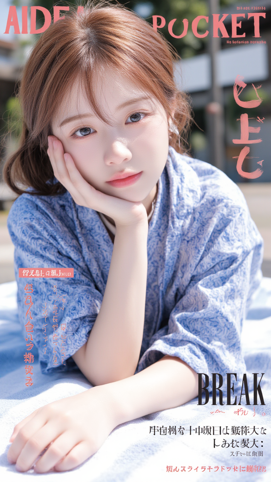 The magazine cover of a Japanese adult video, titled "AIDEA POCKET" with the japanese text and elements of the laid out in a typical fashion magazine format. BREAK A high-quality color photograph captures a young Asian woman with small breasts. The lighting in the photograph is soft and evenly distributed, with no harsh shadows that might suggest a particular time of day or artificial light source. The image does not display any specific painting technique or impressionist style elements but instead showcases a masterful approach to realistic photography. It appears to be a straightforward yet captivating portrait intended for discerning audiences who appreciate fine art and subtle beauty. The overall style remains realistic and focused on the figure, emphasizing the woman's presence and grace without attributing it to any particular artistic movement or technique.. She is in Pedestrian Zone Building. She is She lies on her side on a beach towel, propped up on one elbow.. Her face expression is Fear BREAK She has copper hair styled in Caesar Cut with Fade. Her makeup is minimal, with a focus on natural-looking pink lipstick and subtle eye makeup. She is accessorizing neck ribbon and Ear Thimble. She is wearing indigo dye paisley yukata.,<lora:flux\JAVCompany_vol1_AIdeaPocket.safetensors:0.8:0.8> <lora:flux\FOCUSONv1feet.safetensors:0.64:0.64> <lora:flux\majicbeauty1.safetensors:1.0:1.0>