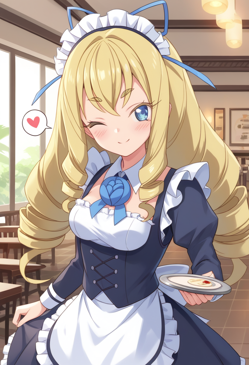 score_9, score_8_up, score_7_up, score_6_up, score_5_up, BREAK
jplaura, blonde hair, long hair, blue eyes, hair ribbon, drill hair, closed mouth, thick eyebrows, smile, blush, maid outfit, maid headdress, tray, cafe, one eye closed, spoken heart,
