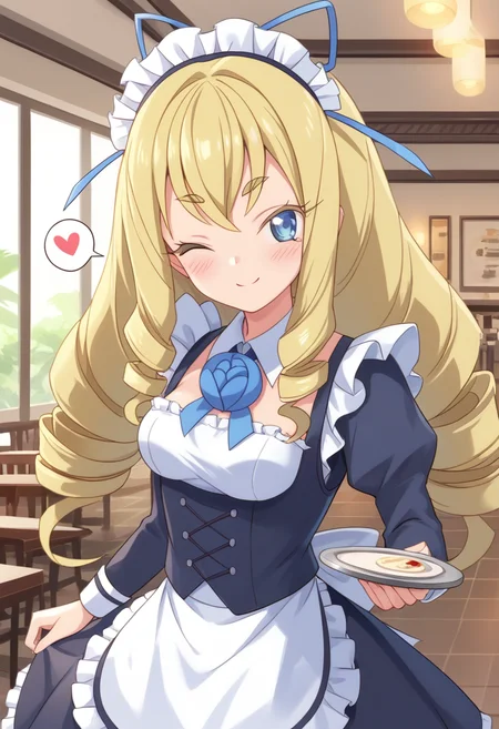 score_9, score_8_up, score_7_up, score_6_up, score_5_up, BREAK
jplaura, blonde hair, long hair, blue eyes, hair ribbon, drill hair, closed mouth, thick eyebrows, smile, blush, maid outfit, maid headdress, tray, cafe, one eye closed, spoken heart,
