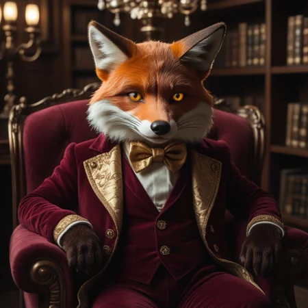 Score_9, score_8_up, score_7_up, Anthropomorphic, cinematic setting, A regal fox wearing a deep burgundy waistcoat and a gold bow tie, sitting elegantly on a plush armchair. The fox's sleek orange fur is perfectly groomed, and its bushy tail is curled neatly over its lap. Its sharp, intelligent eyes gaze out confidently, giving the impression of a creature of sophistication and wit. The setting includes a luxurious library with tall bookshelves, velvet drapes, and a softly glowing chandelier, enhancing the warm and refined atmosphere.