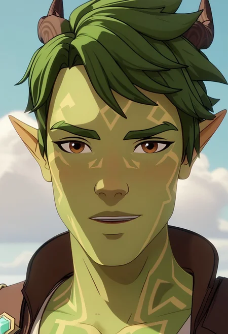 Score_9, Score_8, Score_7, TDPStyle, Terry, Elf, Green Magic Skin, Horns, Green Hair, close up