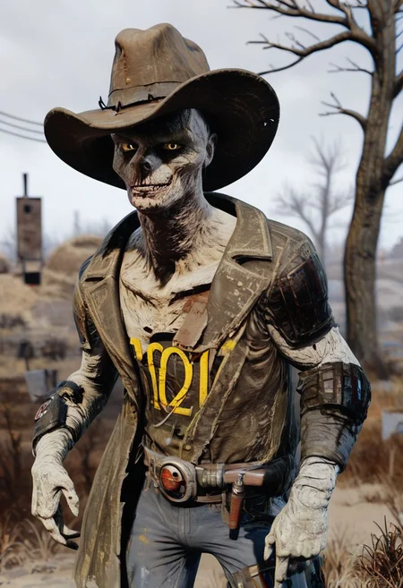 score_9, score_8_up, score_7_up,whole body shot, cowboy shot,
fallout,ghoul leaning on a bar door, solo, panoramic, looking at viewer, mean face, 1boy,hat, bounty hunter, big leather coat, shotgun rounds, black underpants handsome rough charming face, body,male 
 ocus,indoor(wasteland),tree, gray sky, depth of field,wasteland background,cowboy hat,
 <lora:fallout_pony:0.8>, book cover art,