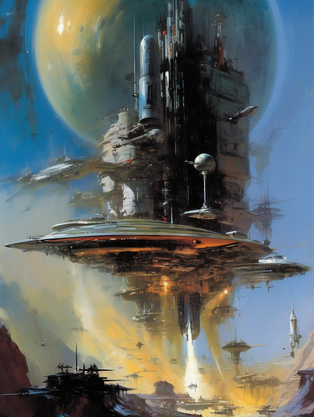 <lora:John Berkey Style:1>John Berkey Style - Step into the retro-futuristic universe of John Berkey as adventurers encounter an alien artifact of divine magnitude. Embrace Berkey's dynamic compositions and his ability to capture the vastness of space to showcase the immense scale and majesty of the otherworldly machine.