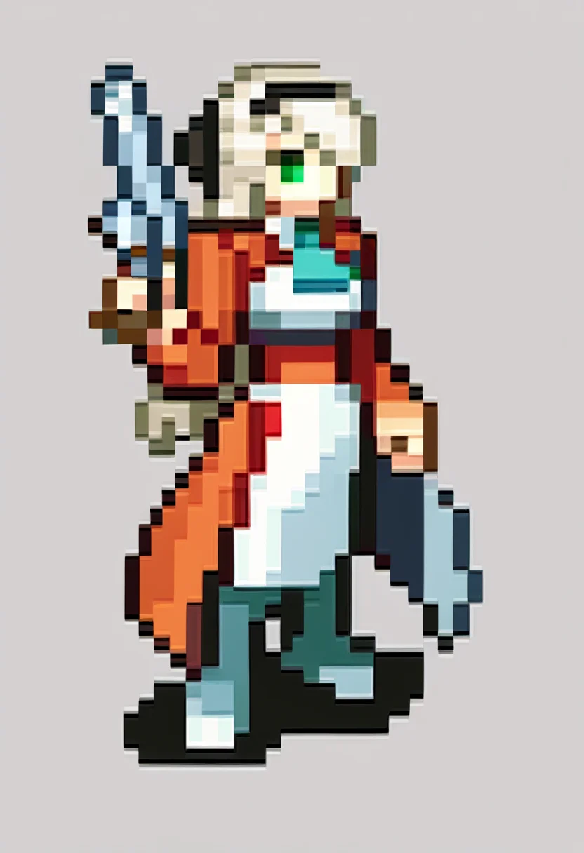 score_9, score_8_up, score_7_up, source_anime, BREAK, solo, 1girl, full body, standing,  <lora:FEGBA-SpritesV2-pdxl_Fp:1>, simple background, pixel art, <lora:elie-pdxl-nvwls-v1:0.8>, zeroElie, black hairband, hair ribbon, long hair, ascot, uniform, long red sleeves, white dress, white hair, green eyes, pantyhose, holding gun,