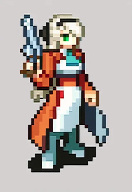 score_9, score_8_up, score_7_up, source_anime, BREAK, solo, 1girl, full body, standing, <lora:FEGBA-SpritesV2-pdxl_Fp:1>, simple background, pixel art, <lora:elie-pdxl-nvwls-v1:0.8>, zeroElie, black hairband, hair ribbon, long hair, ascot, uniform, long red sleeves, white dress, white hair, green eyes, pantyhose, holding gun,