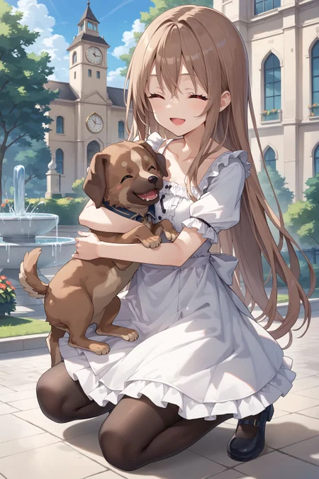 score_max, (score_9, score_8_up, score_7_up:1.2), score_6_up, official art,
masterpiece, absurdres, high detail, 8k,
park, fountain, clock tower,
on one knee, hugging dog, smile, closed eyes, open mouth,
marfusha, long hair, brown hair, red eyes, white dress, collarbone, frills, white skirt, black pantyhose, pumps,
<lora:XL_Pony_game-marfushasg-marfusha-t1:1>