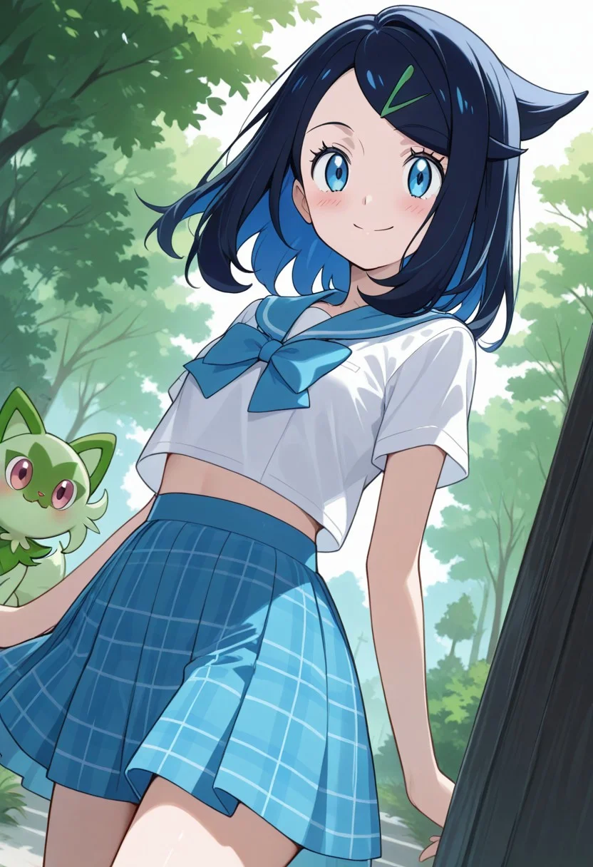 masterpiece, best quality, newest, absurdres, highres, anime,
eye reflection,
aaliko, medium hair, black hair, colored inner hair, hairclip, blue eyes,
1girl, blush, smile,
looking at viewer,
school uniform, blue sailor collar, blue bow, white shirt, short sleeves, plaid skirt, blue skirt,
Sprigatito,
outdoors, scenery,
dutch angle, cowboy shot, solo,