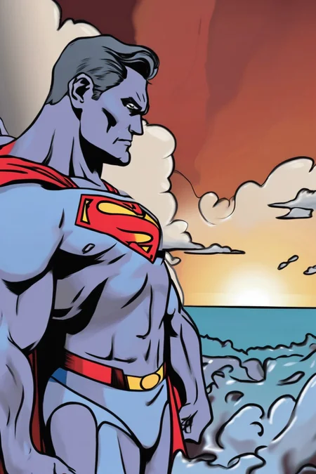 close of superman looking at the horizon, color doodle, grim scene <lora:Doodle_XL_V1:1>, doodle art style