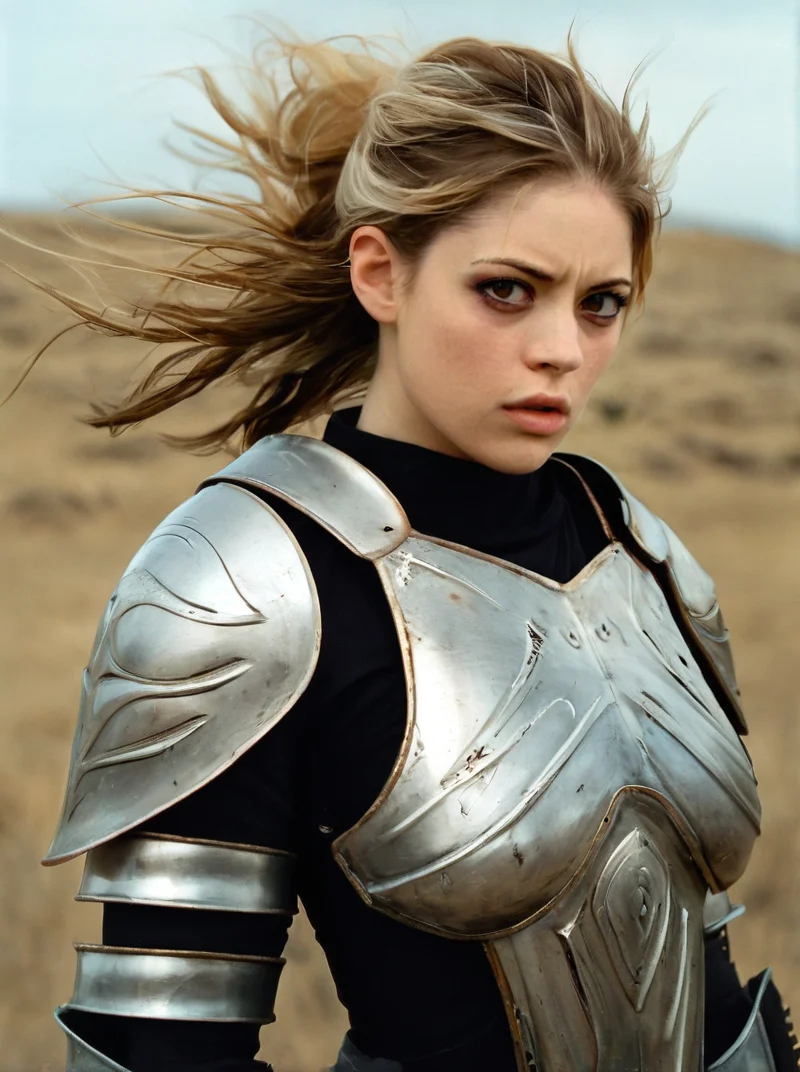 analog photograph of 1girl looking like Kristen_Sims_P_MXAI_SDXL , wearing full plate armor, in a battlefield, windblown hair, smudges, dirt, windblown hair, filmgrain