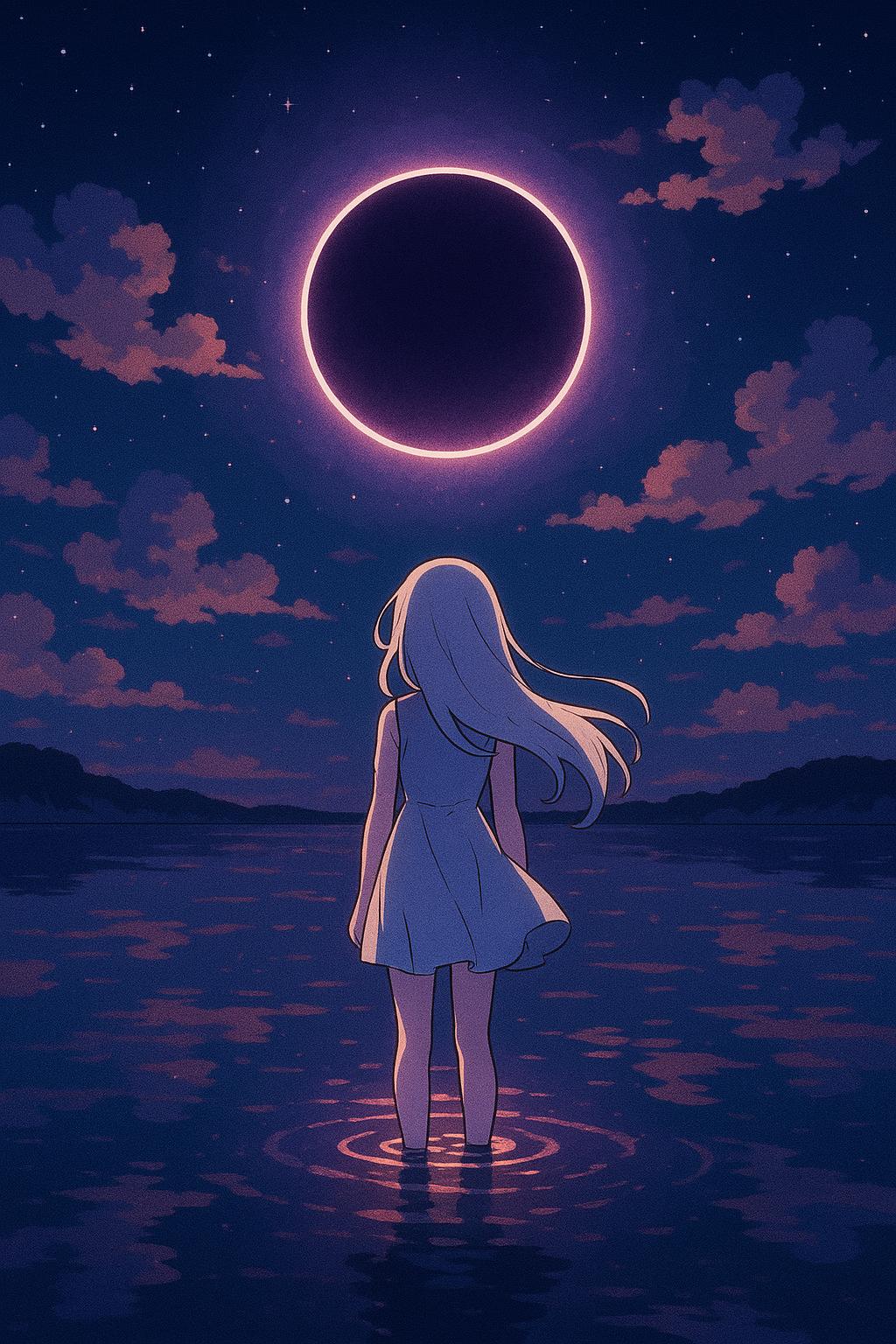 create a digital artwork in a stylized, anime-inspired art style. The scene depicts a serene night landscape with a large, eclipse dominating the sky. The circle is depicted with a violet hue, casting a warm glow across the scene. The sky is a deep, dark blue, scattered with small, twinkling stars and fluffy, pink and orange clouds that add a sense of depth and texture. Clean reflective surface ionosphere stratosphere.
At the center of the image, a solitary female character stands facing the eclipse, with their back to the viewer. The girl is depicted in silhouette, wearing a short, light-colored flowing dress that contrasts sharply with the dark background. They have flowing long, white hair that blends seamlessly with the night sky. The figure is standing in shallow water, which reflects the glowing light and creates a mirror-like effect on the surface, enhancing the tranquil atmosphere.
The overall color palette is dominated by deep blues, purples, and reds, creating a dreamlike and almost ethereal ambiance. The image evokes a sense of solitude and contemplation, with the circle as the focal point and the figure as a silent observer. The artwork captures a moment of quiet reflection under the night sky.
<lora:Phlux:0.4> <lora:Pixel_Art_FLUX:-0.5> <lora:Relief_Art_for_Flux_-_by_Ethanar:0.5> <lora:amateurphotov2:0.5>