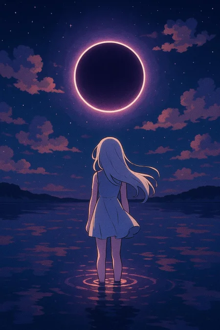 create a digital artwork in a stylized, anime-inspired art style. The scene depicts a serene night landscape with a large, eclipse dominating the sky. The circle is depicted with a violet hue, casting a warm glow across the scene. The sky is a deep, dark blue, scattered with small, twinkling stars and fluffy, pink and orange clouds that add a sense of depth and texture. Clean reflective surface ionosphere stratosphere.
At the center of the image, a solitary female character stands facing the eclipse, with their back to the viewer. The girl is depicted in silhouette, wearing a short, light-colored flowing dress that contrasts sharply with the dark background. They have flowing long, white hair that blends seamlessly with the night sky. The figure is standing in shallow water, which reflects the glowing light and creates a mirror-like effect on the surface, enhancing the tranquil atmosphere.
The overall color palette is dominated by deep blues, purples, and reds, creating a dreamlike and almost ethereal ambiance. The image evokes a sense of solitude and contemplation, with the circle as the focal point and the figure as a silent observer. The artwork captures a moment of quiet reflection under the night sky.
<lora:Phlux:0.4> <lora:Pixel_Art_FLUX:-0.5> <lora:Relief_Art_for_Flux_-_by_Ethanar:0.5> <lora:amateurphotov2:0.5>