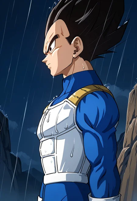 Score_9, Score_8, Score_7, 1boy, solo, vegeta, black hair ,black eyes , Saiyan armor, blue bodysuit, long sleeves, white gloves, shirain, rain, night, night sky, outdoors, mountains, serious, from side, (looking up:1.2), upper body