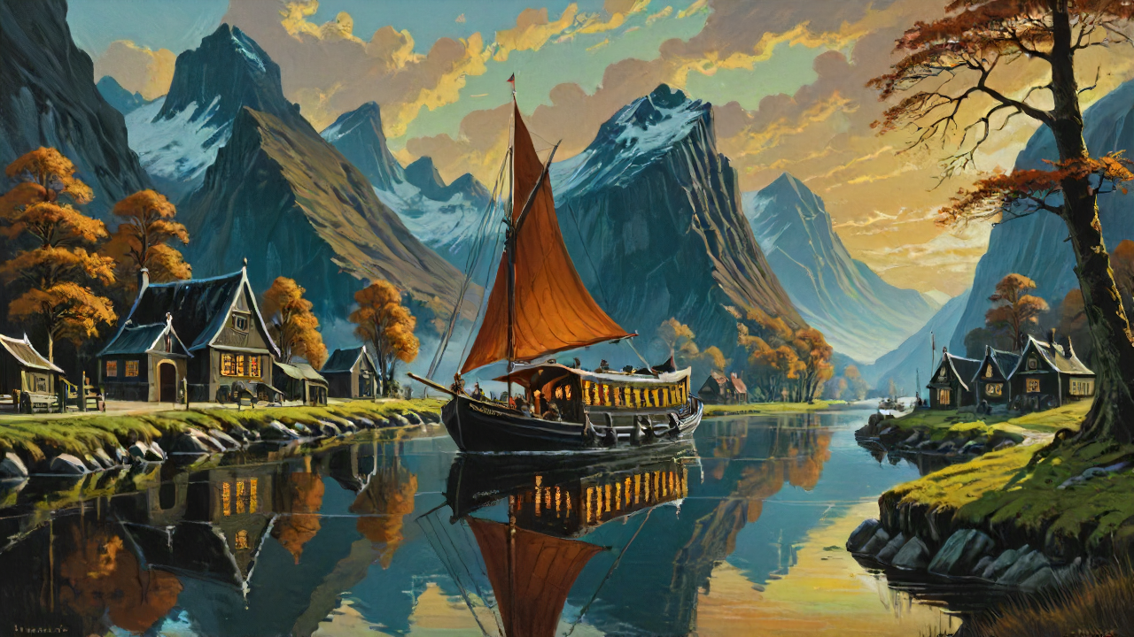 fantasy, painting, landscape of a Neat (lage wide river in the wilderness, keelboat traffic:1.1) from inside of a Netherlands, at Golden hour, tranquil beauty, Detailed architectural landscapes, Dark art, dark colors, light installations, Warhammer 40, popular culture themes, symmetry, goth, cute, pure, exquisite color, deep aesthetic, cool colors