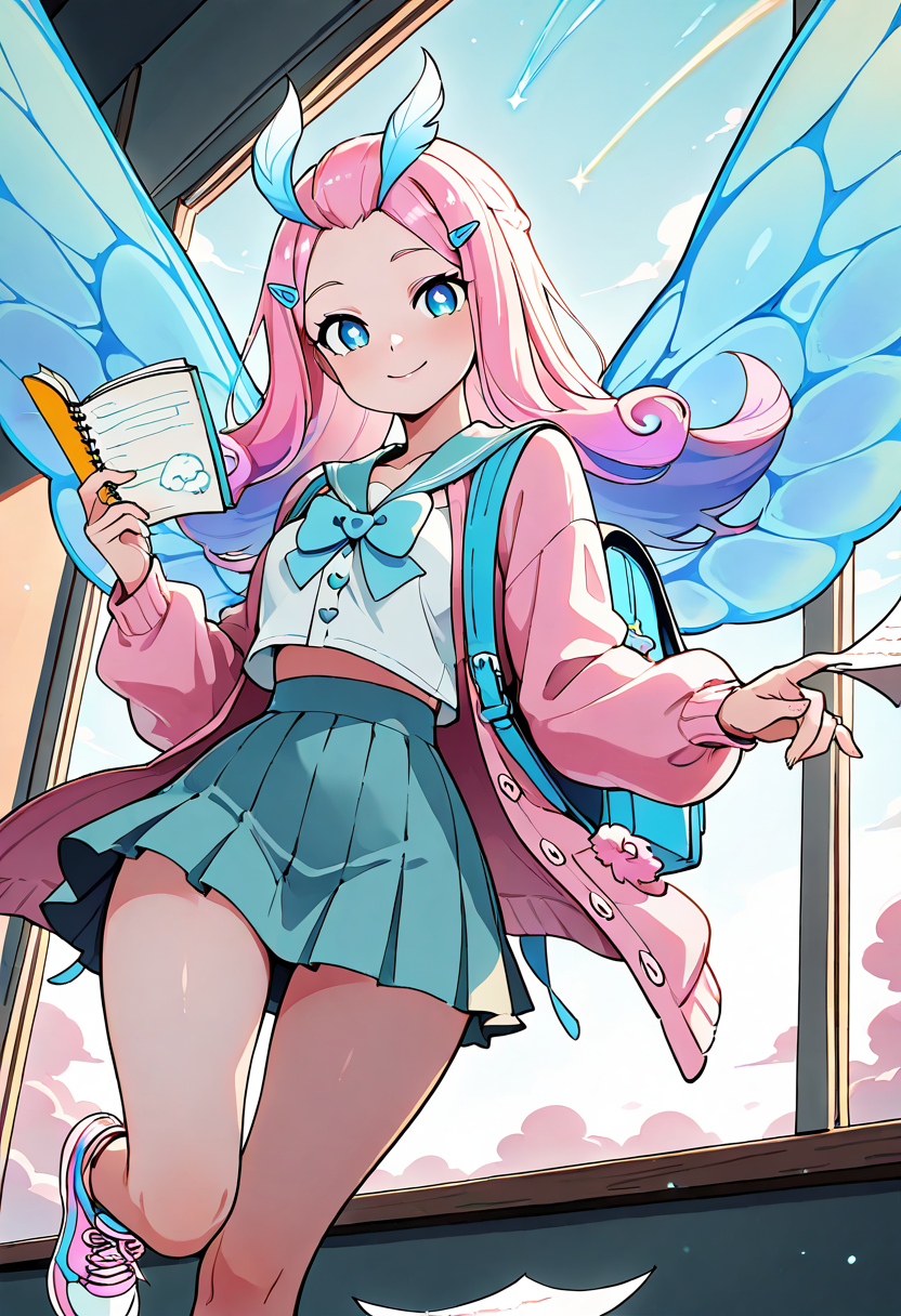 masterpiece, best quality, solo, curvy, beautiful eyes, narrow waist, wide hips, 1girl, solo, smile, looking at viewer, dynamic angle, foreshortening, close up,     zzTasi, blue eyes, long hair, multicolored hair, pink hair, wings,  ,<lora:TasiAFK_IXL:1.0>,  [Cloud Pop Schoolgirl], sky-print pleated skirt, sailor collar blouse with heart buttons, oversized cardigan with pompom pins, bubblegum blue backpack, pastel sneakers with wings, shooting star hair clips, ribbon-tied twin tails, doodled notebook, open classroom window, floating paper, bright eyes,