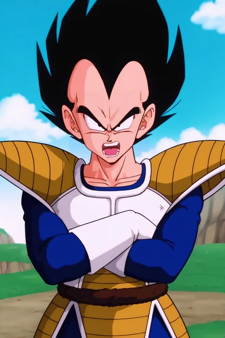 source_anime, score_9, score_8_up, score_7_up, anime screencap,8k, absurd res,
vegeta, solo, looking at viewer, open mouth, black hair, gloves, 1boy, tail, male focus, outdoors, sky, teeth, day, cloud, white gloves, armor, blue sky, crossed arms, grass, spiked hair, saiyan armor, blue bodysuit, angry, shouting, monkey tail, plate shielding, tail belt, v-shaped eyebrows, upper body,
<lora:vegeta_pony_v1:0.8>