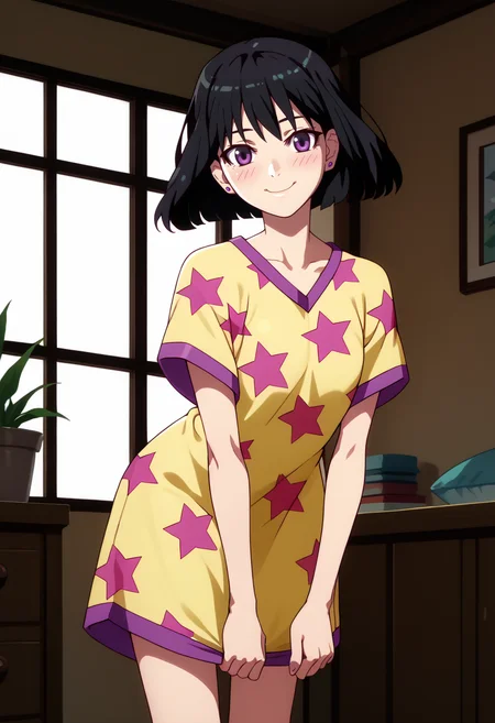 score_9, score_8_up,
1girl, <lora:SeiuHigasa_OffSeason_PDXL:0.9>, pajamaseiu, black hair, short hair, purple eyes, stud earrings,
star print, dress,
slight smile, blush, bent over, 
indoors