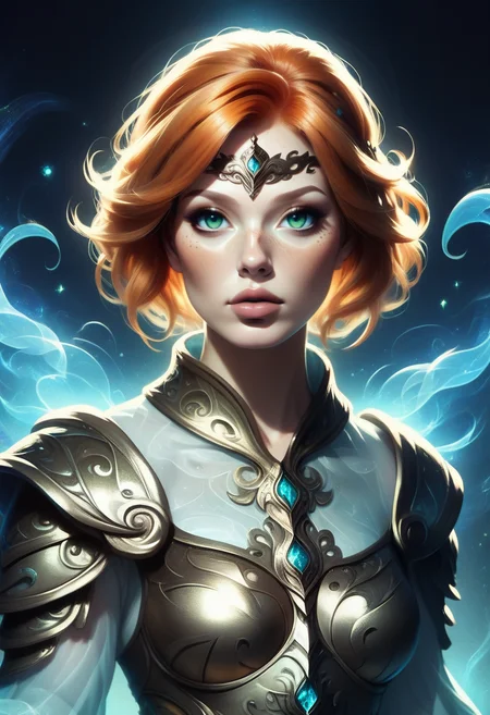 <lora:PonySpiritAnimals:1> Spirit animal, score_9, score_8_up, score_7_up, score_6_up, score_5_up, score_4_up, high quality, 1woman, realistic, wearing armor, short orange hair, beautiful eyes, fantasy, extremely detailed, dark green eyes, freckles