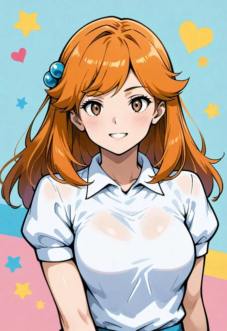 2d, masterpiece, best quality, amazing quality, 1girl, solo, close-up, standing, smile, upper body, cowboy shot, looking at viewer, simple background, colorful background, hearts, stars, lassfrlg, brown eyes, orange hair, long hair, bangs, hair bobbles, white shirt, collared shirt, short sleeves, puffy sleeves, blue skirt, pleated skirt, miniskirt, score_9, score_8_up, score_7_up,source_anime