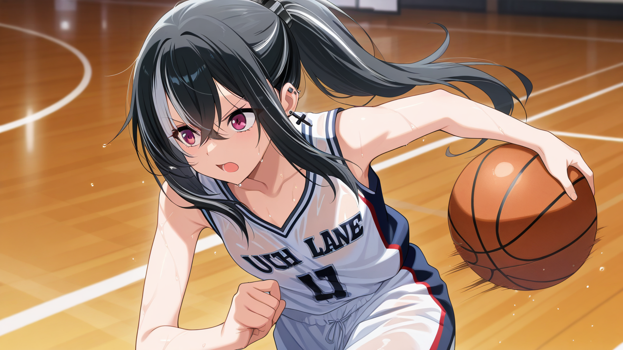 solo,, masterpiece, best quality, amazing quality, very aesthetic, absurdres, newest, anime screencap, <lora:u-47ILM:1>, u-47 (azur lane), red eyes, purple eyes, black hair, long hair, ponytail, sidelocks, earrings, cross earrings, white hair, multicolored hair, streaked hair, hair between eyes,, see-through, basketball, basketball uniform, basketball (object), basketball shorts, ball, sportswear, dribbling (basketball), sweat, wet, sweatdrop, fast action, basketball court, open mouth, running, looking away, dribbling, speed lines, dynamic pose,