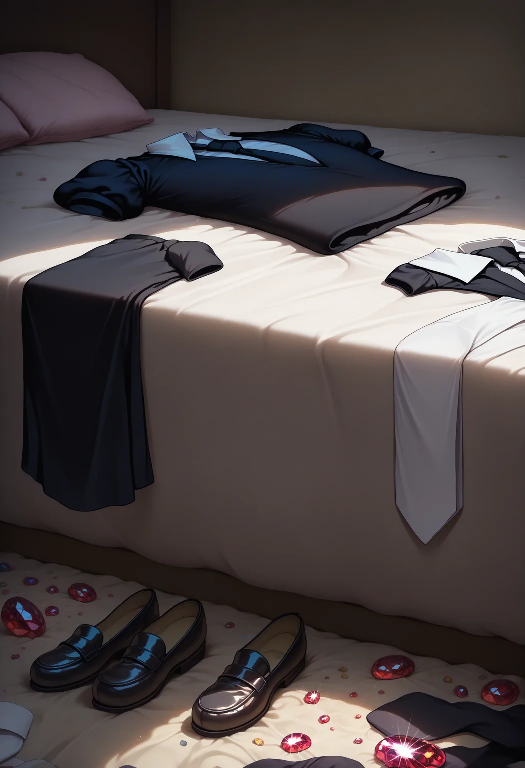masterpiece, best quality, newest, absurdres, highres, no humans, clothes focus, unworn clothes, scenery, still life, <lora:UnwornClothes_illusXLNoobAI_Incrs_v1:1>, bed, messy room, messy, gem uniform \(houseki no kuni\), elbow gloves, shoes,