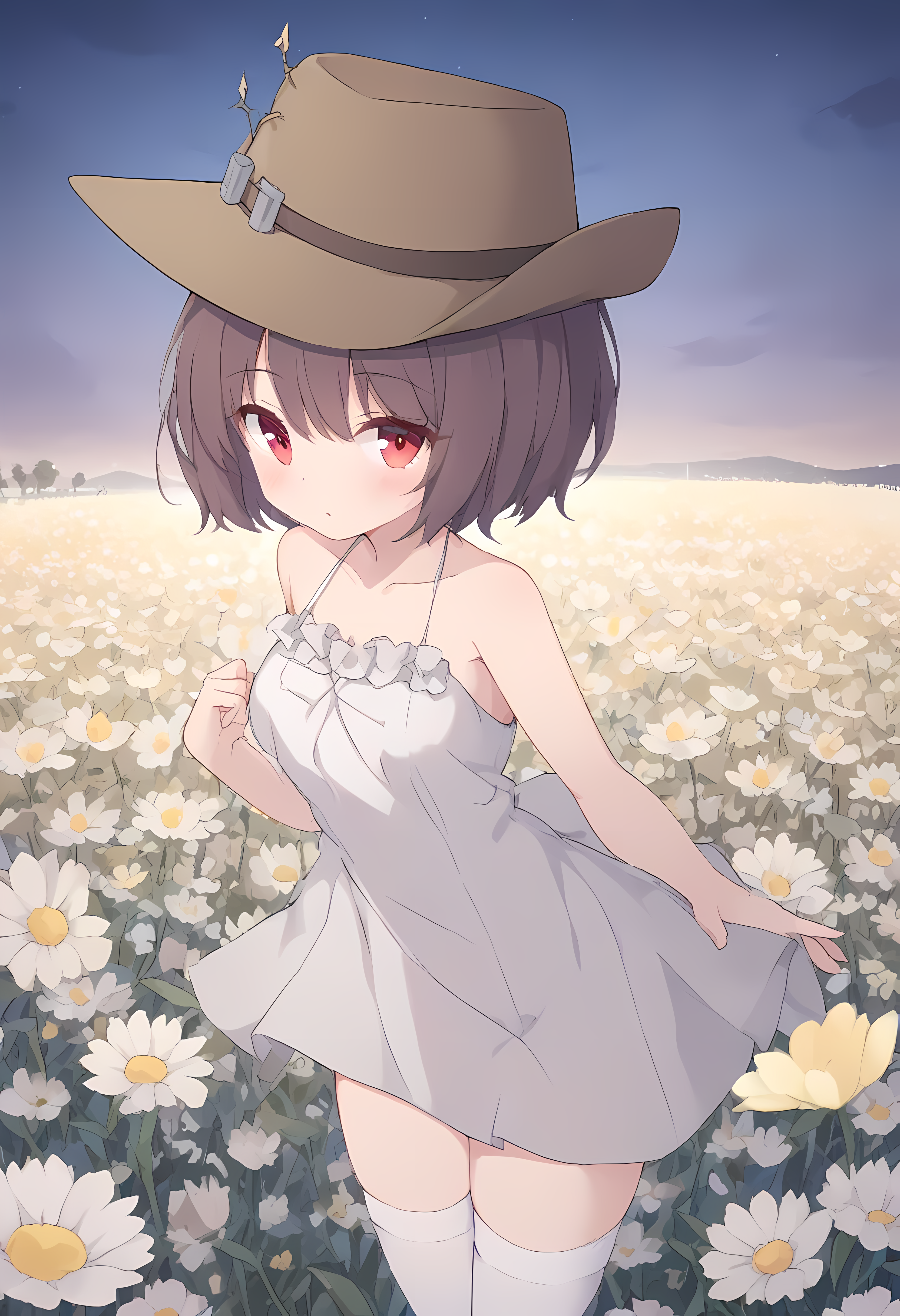 canberra,1girl,brown hair,red eyes,hat,looking at viewer,short hair,dress,
flower field,night,
sharp focus
,white_thighhighs,cowboy_hat
masterpiece