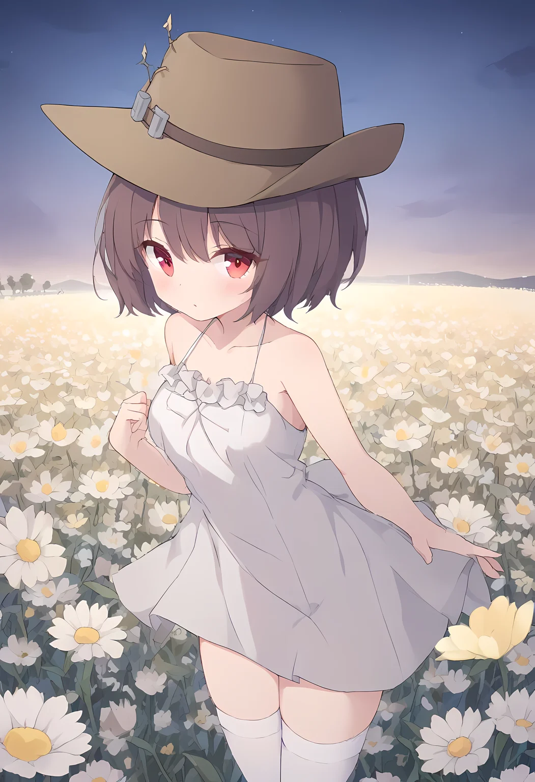 canberra,1girl,brown hair,red eyes,hat,looking at viewer,short hair,dress,
flower field,night,
sharp focus
,white_thighhighs,cowboy_hat
masterpiece