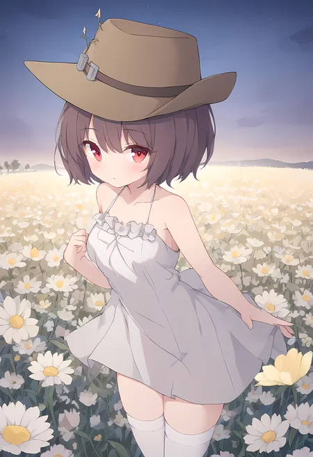 canberra,1girl,brown hair,red eyes,hat,looking at viewer,short hair,dress,
flower field,night,
sharp focus
,white_thighhighs,cowboy_hat
masterpiece