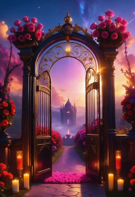 sunrise shines,landscape of a reij-ebsu gate,retro sci fi steampunk, fire <lora:ebony sunset-000001:1>, empty place, the gate surrounded by flowers is made of pam-flwr <lora:SDXL_FLOWER_STYLE:0.9>, a reij-mg outdoor room, neon light <lora:reij-moderngothic:0.8>, landscape of a Inspirational (Blind Well:1.3) , Hazy conditions, ultrafine detailed, Princesscore, pov, Rule of Thirds, cyberpunk, vintage, atmosphere, sublime, radiant, deep rich colors, advanced cinematic perfect light, perfect symmetry