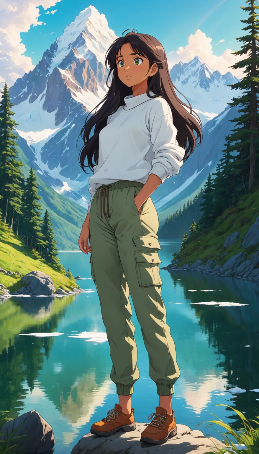 2D anime style, anime screencap, studio ghibli inspired, a young woman with long dark hair and tanned skin, wearing a white sweater and green cargo pants, standing on the edge of a mountain lake with a confident pose. She looks out over the water, with the majestic snow-capped mountains and dense forest reflecting in the lake. The sunlight casts a warm glow on her face, enhancing the vibrant colors of the natural scenery. High detail and complexity, vibrant colors, dynamic lighting, immersive atmosphere