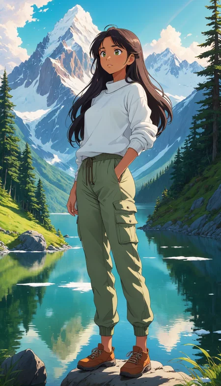 2D anime style, anime screencap, studio ghibli inspired, a young woman with long dark hair and tanned skin, wearing a white sweater and green cargo pants, standing on the edge of a mountain lake with a confident pose. She looks out over the water, with the majestic snow-capped mountains and dense forest reflecting in the lake. The sunlight casts a warm glow on her face, enhancing the vibrant colors of the natural scenery. High detail and complexity, vibrant colors, dynamic lighting, immersive atmosphere