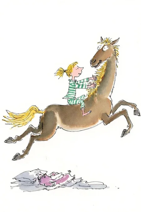 qub1 illustration.
Side profile view of a young girl and a horse in mid-air, jumping over a bed. The girl, with blonde hair tied in a ponytail, is wearing a green and white striped pajama set. She is sitting confidently on the horse. <lora:qub1_cap_d6a3e12:1.0><lora:826981646591973429:0>