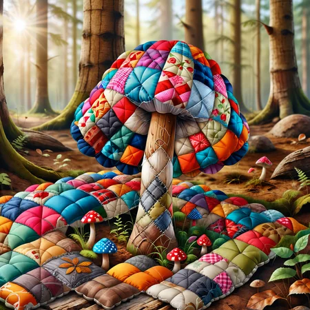 mushroom on forest ground, illustration art, beautiful, vibrant and colorful, soft fabric, ptchkrawk, <lora:ptchkrawk:1>