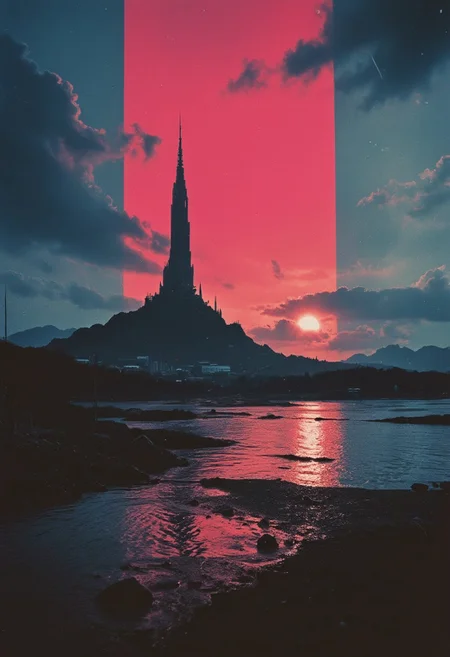 Monochrome with color, retro scan of 80s-anime-ai spectral neon Gradient ascii_art, a 80s Sci-fi Ethereal. Dark space, 80`s sci-fi book artwork, lofi, neon-pastel colors, grainy, vintage
Create a vivid description of a distant fantasy city on top of a hill in the middle of a lake, enormous buildings are visible from space, towering over the landscape in an awe-inspiring display. n30nfilm, vantablack