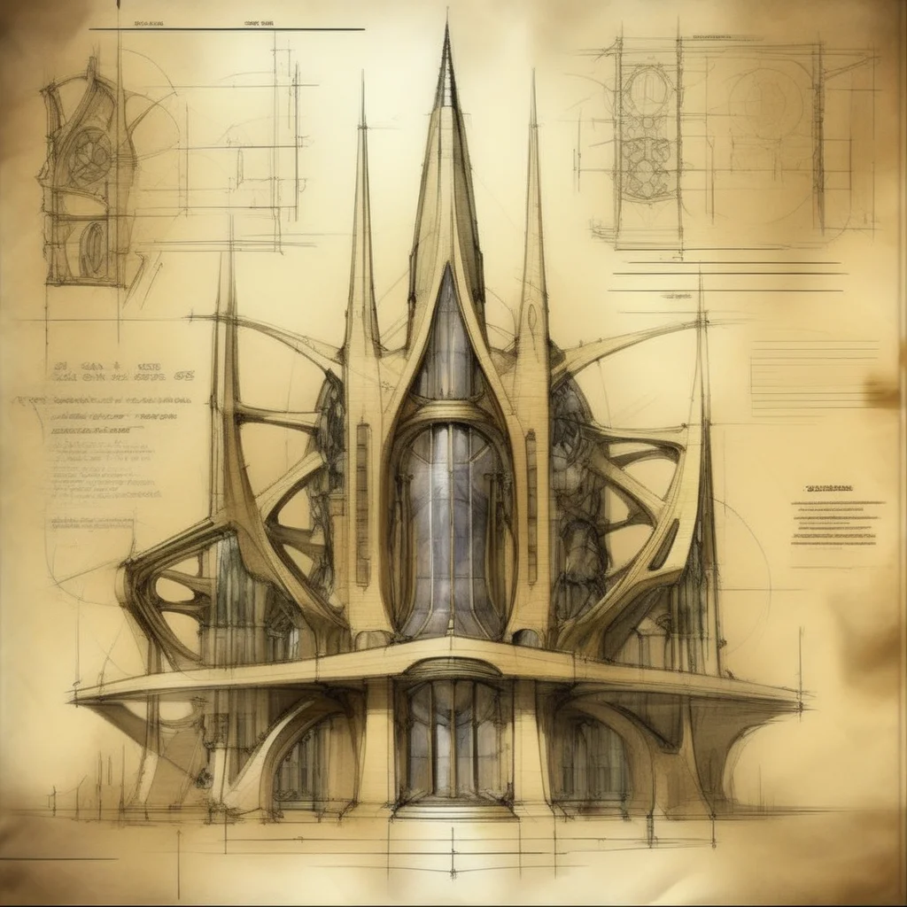 futscribe futuristic cathedral technical sketch old paper<lora:futscribe:1>