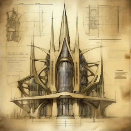 futscribe futuristic cathedral technical sketch old paper<lora:futscribe:1>