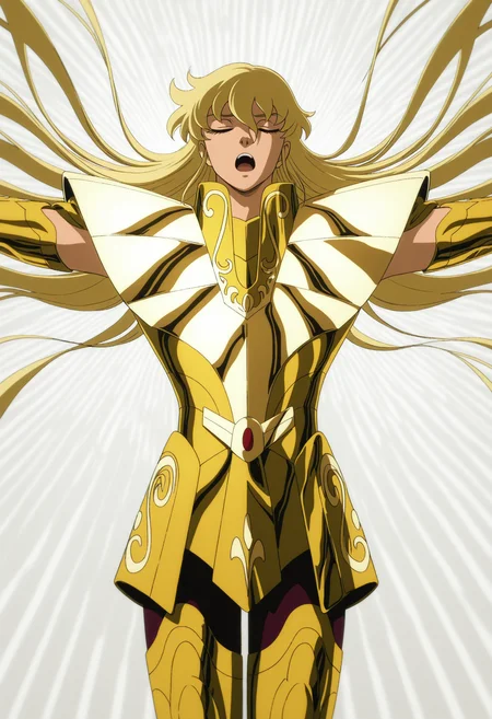 <lora:[Char - IL] Saint Seiya - Shaka (R1E11):1> ss_shaka, virgo armor, blonde hair,
solo, 
straight-on, from below,
            dutch angle,
    cowboy shot,
smug,
open mouth, :o
,
closed eyes,
spread arms,
BREAK
very awa, best quality, masterpiece, highres,
iridescent, abstract background, pattern, symbol, outlined ohm symbol background, symbolism,
,
,
white background,